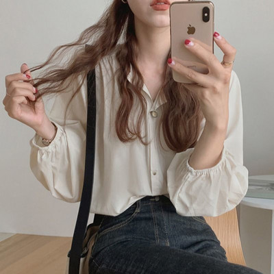 Cămăși femei simple retro ocazional la modă solide largi la un singur piept largi Ulzzang stil coreean delicat bluze elegante pentru dama nou