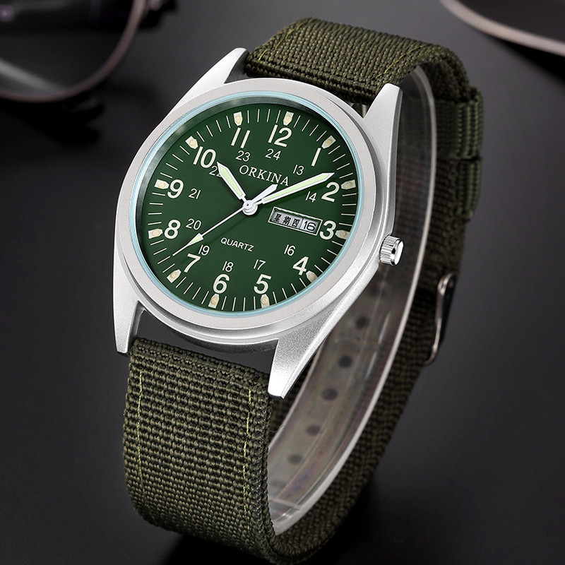 Egyszerű kvarc óra Férfi világító kezek szőtt vászon öv fluoreszkáló zöld férfi karóra divat férfi naptár heti bemutató ajándék