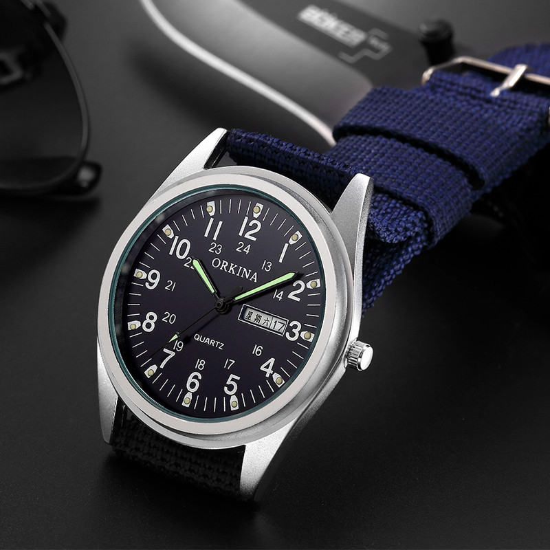 Egyszerű kvarc óra Férfi világító kezek szőtt vászon öv fluoreszkáló zöld férfi karóra divat férfi naptár heti bemutató ajándék