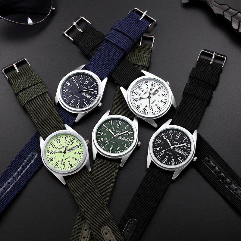 Egyszerű kvarc óra Férfi világító kezek szőtt vászon öv fluoreszkáló zöld férfi karóra divat férfi naptár heti bemutató ajándék
