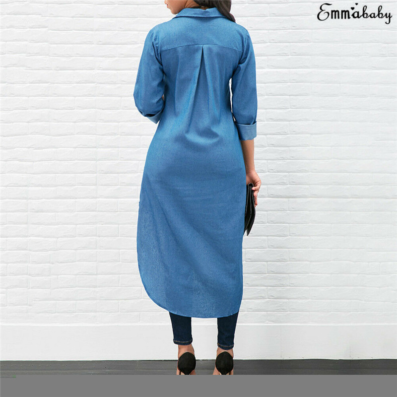 Duga modna ženska traper košulja dugih rukava široka bluza Ženska modna ležerna jean bluza košulja Ljetne majice traper košulja