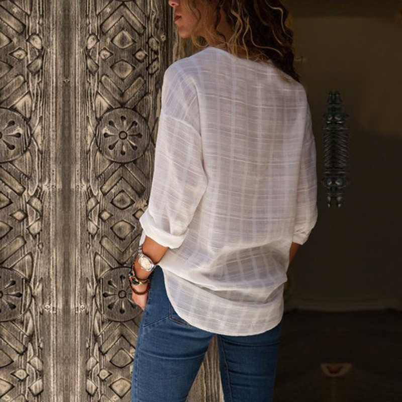 Bijela ženska košulja s V-izrezom Pamučno rublje Uredska dama Ženska bluza dugih rukava Crne proljetne košulje Žene plus