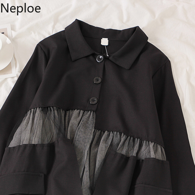 Neploe bluza Ženske mrežaste patchwork ovratnike s dugim rukavima Ženske majice široke ležerne ženske košulje s jednim kopčanjem 1A240