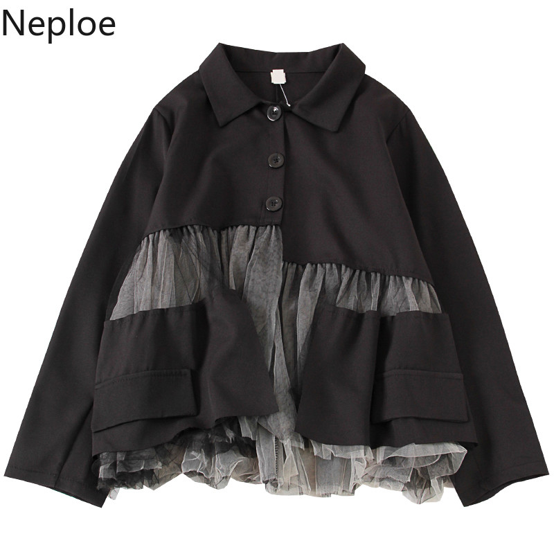 Neploe bluza Ženske mrežaste patchwork ovratnike s dugim rukavima Ženske majice široke ležerne ženske košulje s jednim kopčanjem 1A240