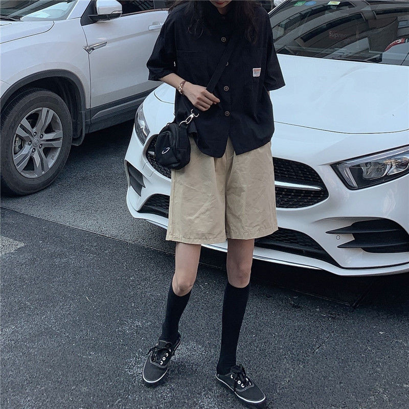 Moteriškos palaidinės su puse rankovių apykaklė Tvirta vasarinės kišenės BF Streetwear Studentams laisvi prašmatnūs, derantys vintažiniai marškinėliai