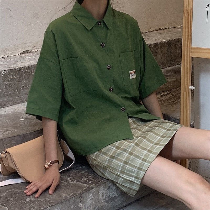 Moteriškos palaidinės su puse rankovių apykaklė Tvirta vasarinės kišenės BF Streetwear Studentams laisvi prašmatnūs, derantys vintažiniai marškinėliai