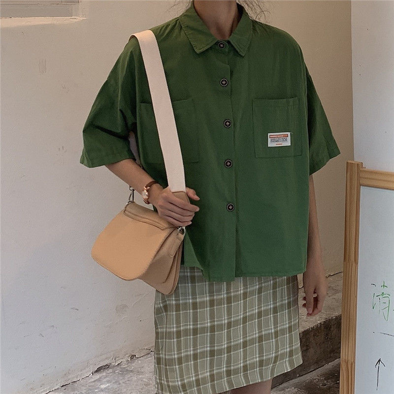 Moteriškos palaidinės su puse rankovių apykaklė Tvirta vasarinės kišenės BF Streetwear Studentams laisvi prašmatnūs, derantys vintažiniai marškinėliai