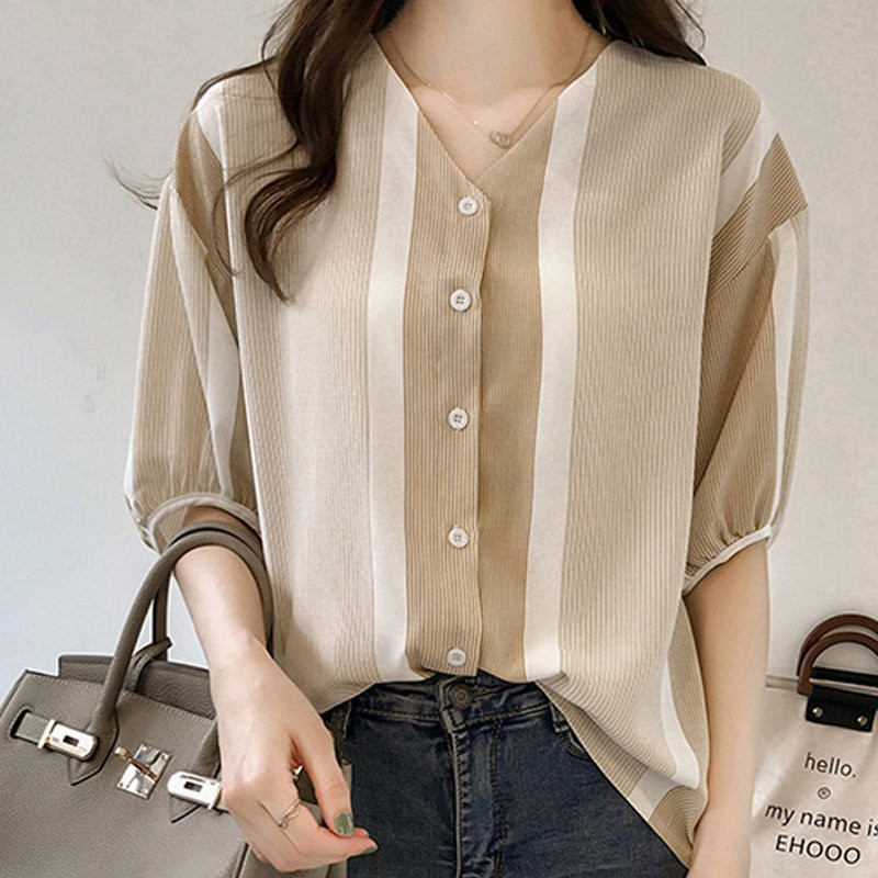 2018 Nou stil de vară cămașă roz femei colorate cu dungi Topuri Lady Chemise Femme Bluză din șifon Plus Size Blusas Mujer M-4XL