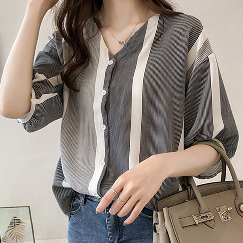 2018 Nou stil de vară cămașă roz femei colorate cu dungi Topuri Lady Chemise Femme Bluză din șifon Plus Size Blusas Mujer M-4XL