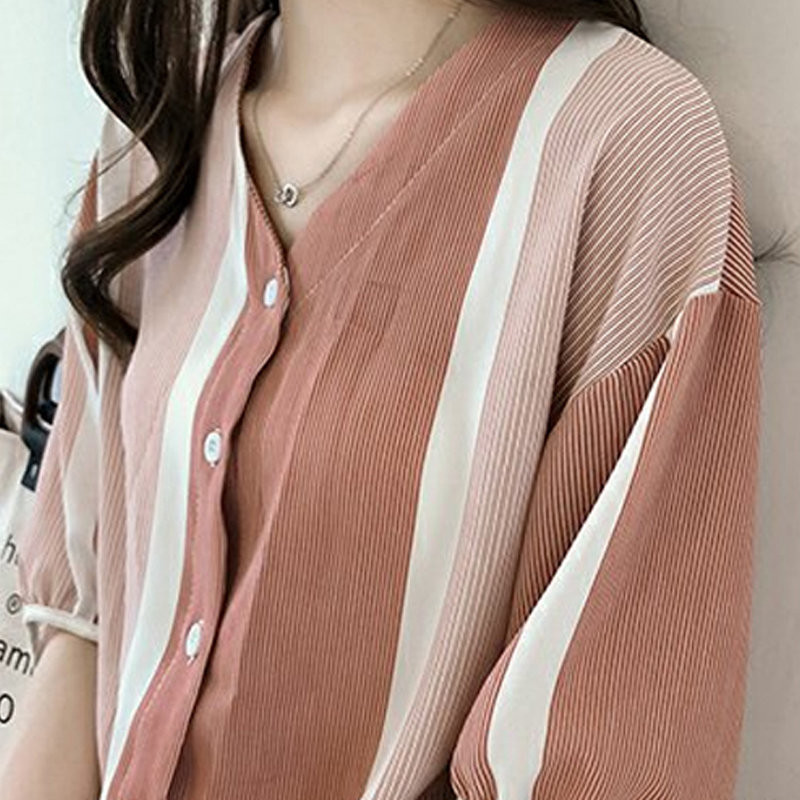 2018 Nou stil de vară cămașă roz femei colorate cu dungi Topuri Lady Chemise Femme Bluză din șifon Plus Size Blusas Mujer M-4XL