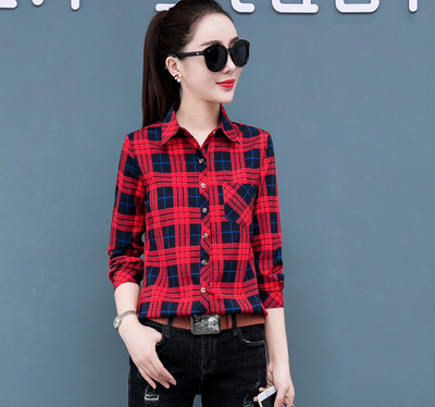Bluză în carouri cu mânecă lungă de primăvară 2020, ocazional coreean, cămăși de stradă pentru femei Cămașă elegantă de birou 5XL de talie mare Topuri imprimate pentru femei