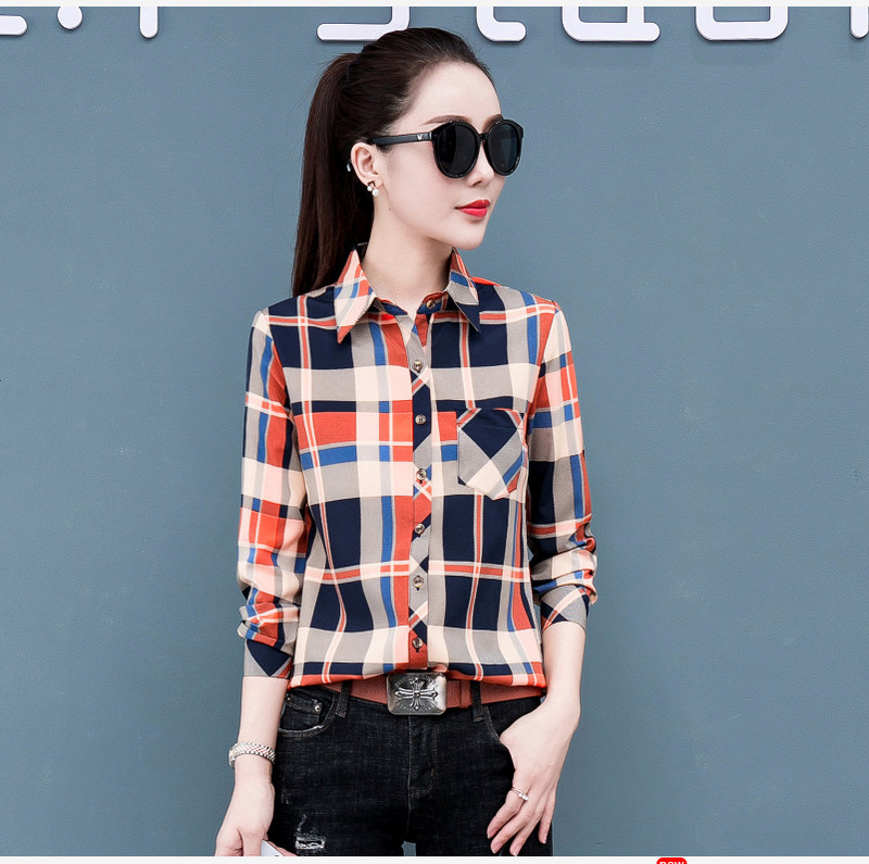 Bluză în carouri cu mânecă lungă de primăvară 2020, ocazional coreean, cămăși de stradă pentru femei Cămașă elegantă de birou 5XL de talie mare Topuri imprimate pentru femei