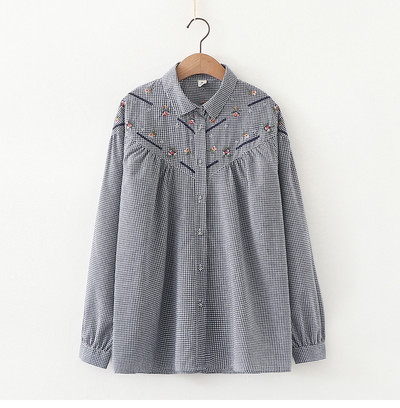 2020 bluză cămașă cu mânecă lungă din bumbac alb în carouri broderie flori mori girl