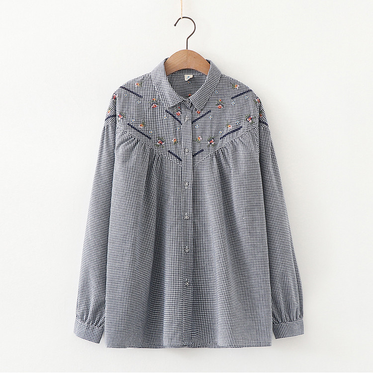 2020 bluză cămașă cu mânecă lungă din bumbac alb în carouri broderie flori mori girl