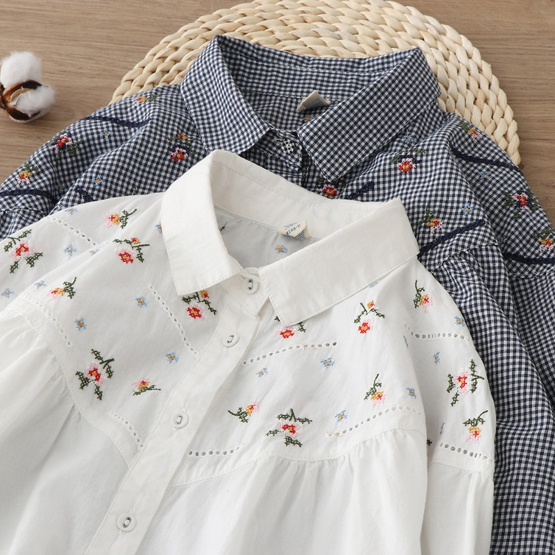 2020 bluză cămașă cu mânecă lungă din bumbac alb în carouri broderie flori mori girl