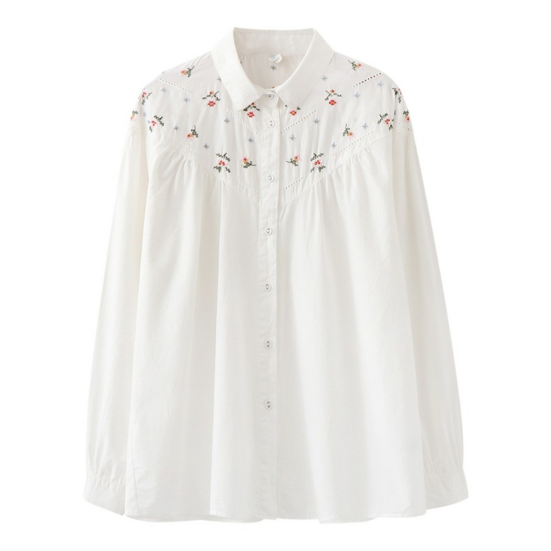 2020 bluză cămașă cu mânecă lungă din bumbac alb în carouri broderie flori mori girl