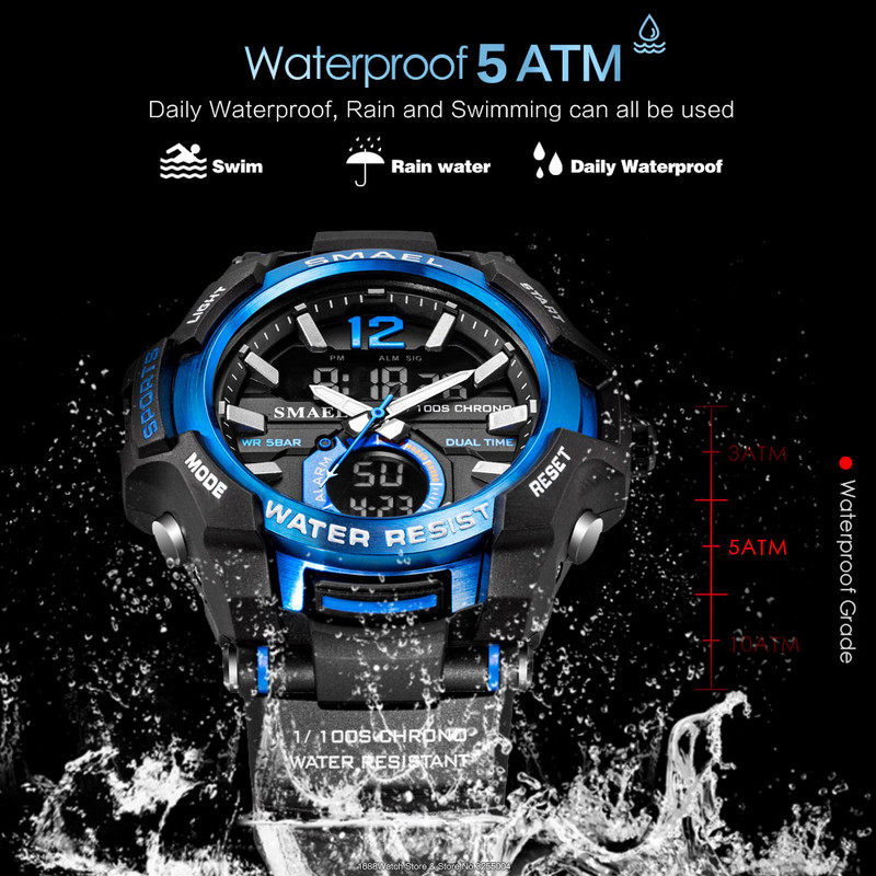 SMAEL Dual Time vojni sportski sat za muškarce Svjetleći vodootporni Quart digitalni ručni sat Budilica LED pozadinsko osvjetljenje Kalendar 1805