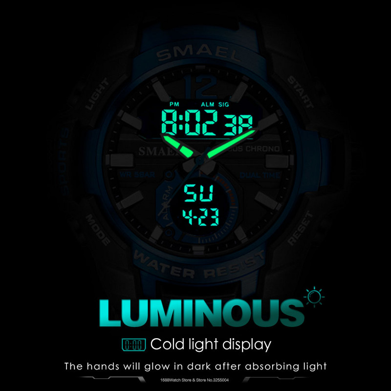 SMAEL Dual Time vojni sportski sat za muškarce Svjetleći vodootporni Quart digitalni ručni sat Budilica LED pozadinsko osvjetljenje Kalendar 1805