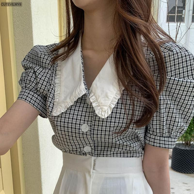 Vintage retro karirana košulja s jednim kopčanjem Ženske majice s puf rukavima Ljetne ženske bluze Femme Blusas Korejska šik moda