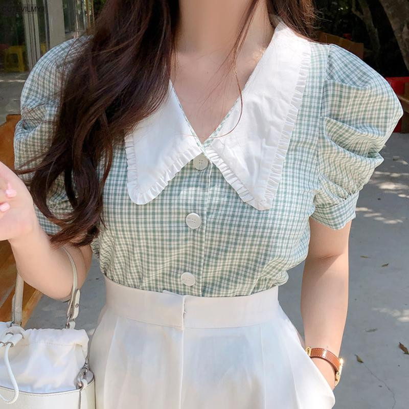 Vintage retro karirana košulja s jednim kopčanjem Ženske majice s puf rukavima Ljetne ženske bluze Femme Blusas Korejska šik moda