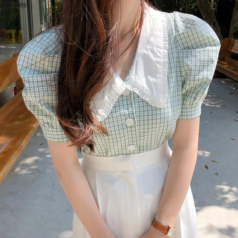 Vintage retro karirana košulja s jednim kopčanjem Ženske majice s puf rukavima Ljetne ženske bluze Femme Blusas Korejska šik moda