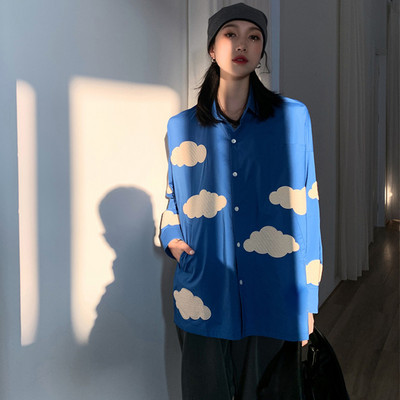 Negabaritinis Blue Sky White Clouds siuvinėti laisvi marškiniai Moteriškos palaidinės 2021 Pavasaris ilgomis rankovėmis Viršutiniai Blusas Mujer