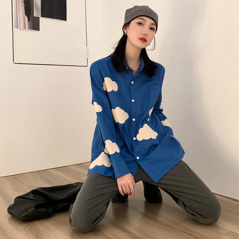 Prevelika široka košulja s vezom Blue Sky White Clouds Ženske bluze Proljeće 2021. Majice dugih rukava Blusas Mujer
