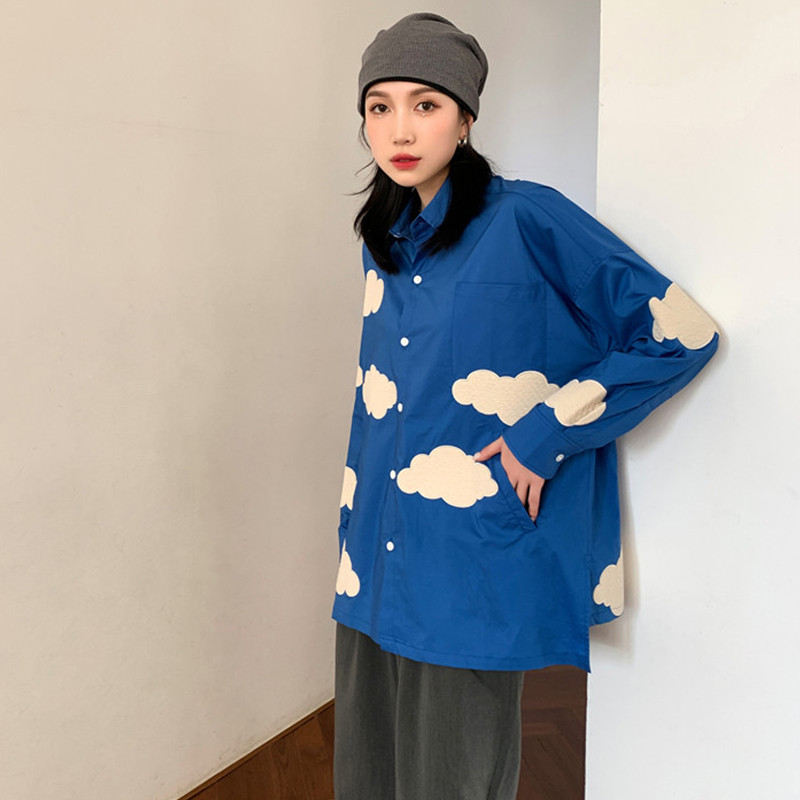 Prevelika široka košulja s vezom Blue Sky White Clouds Ženske bluze Proljeće 2021. Majice dugih rukava Blusas Mujer
