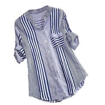 Μακριές γυναικείες μπλούζες σε μέγεθος τριών τετάρτων Γυναικεία casual ριγέ στάμπα με λαιμόκοψη V με χαλαρή εφαρμογή Top γυναικεία μπλούζα με φερμουάρ Μαλακό πουκάμισο