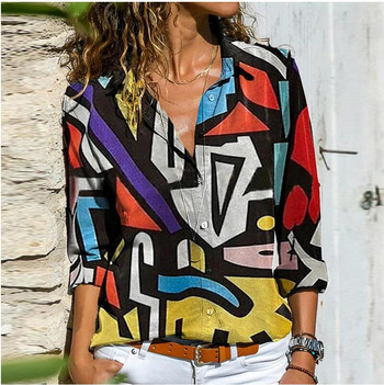 Γυναικεία μπλούζα S έως 5XL Ρετρό πολύχρωμη εκτύπωση με κουμπιά πουκάμισο Φθινοπωρινό μακρυμάνικο με γυριστό γιακά Γυναικείο τοπ Streetwear Casual Blusa