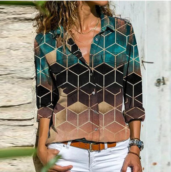 Γυναικεία μπλούζα S έως 5XL Ρετρό πολύχρωμη εκτύπωση με κουμπιά πουκάμισο Φθινοπωρινό μακρυμάνικο με γυριστό γιακά Γυναικείο τοπ Streetwear Casual Blusa