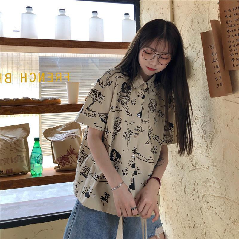 Blúz Női Ingek Lehajtható gallérral Rövid ujjú Retro Nyomtatott Egysoros Laza Harajuku Diákok Utcai ruházat BF Casual Új