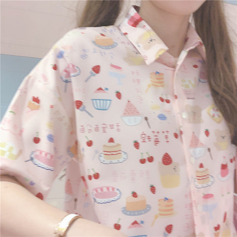 Naiste särgid Lühikeste varrukatega Print Armas lahtine korea stiilis suvine mood naiselik pluusid, armsad, lahtikäivad krae šikk