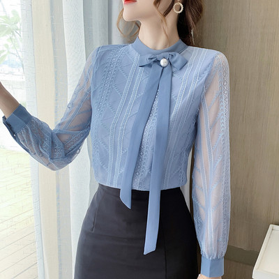 H Han Queen Bluze noi din dantelă pentru femei Cămașă lejeră, simplă, de bază, de lucru, ocazională, vintage, bluză coreeană scobită pentru femei