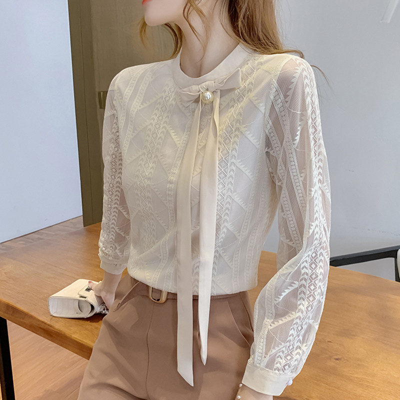 H Han Queen Bluze noi din dantelă pentru femei Cămașă lejeră, simplă, de bază, de lucru, ocazională, vintage, bluză coreeană scobită pentru femei