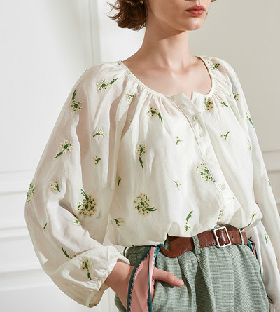 TEELYNN bluze cu mânecă lungă, bej, din bumbac, cămăși femei largi, embrioderie florală, bluză de toamnă transparentă, bluze boho