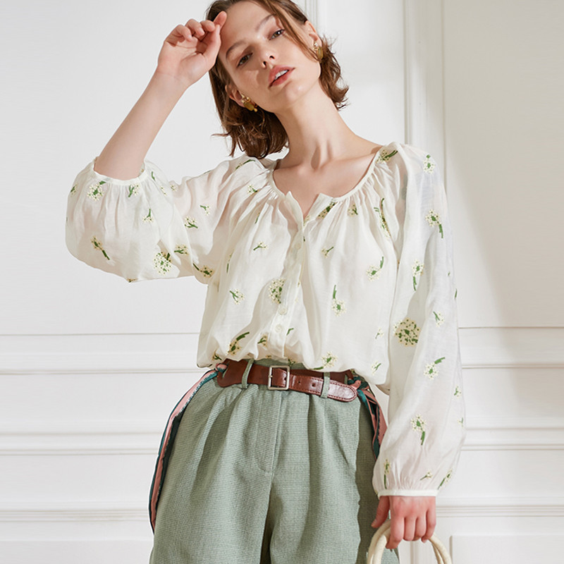 TEELYNN bluze cu mânecă lungă, bej, din bumbac, cămăși femei largi, embrioderie florală, bluză de toamnă transparentă, bluze boho