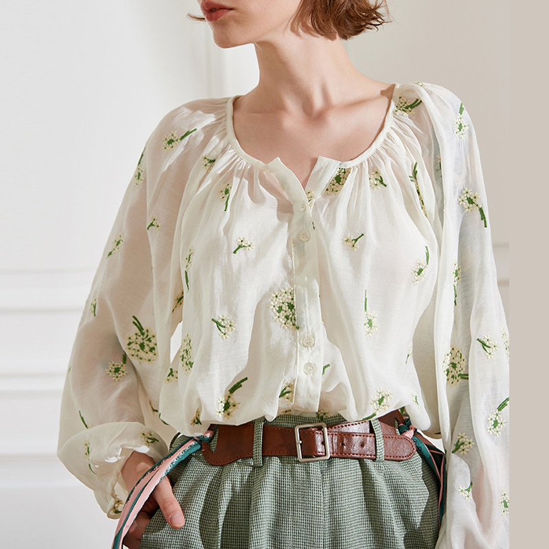 TEELYNN bluze cu mânecă lungă, bej, din bumbac, cămăși femei largi, embrioderie florală, bluză de toamnă transparentă, bluze boho