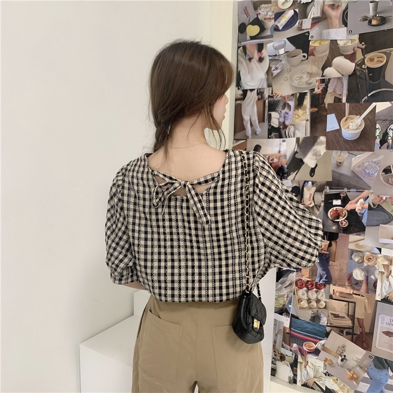 Dámske blúzky v kockovanom letnom štýle s retro dizajnom, výstrihom do V a nafúknutými rukávmi, dámske košele, univerzálne krásne a trendy blúzky pre vysokoškoláčky