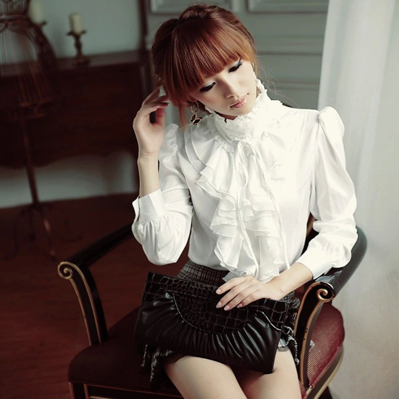 Softu Cămașă de sus pentru femei Bluză cu volane guler dantelă șifon stil OL alb negru cu mânecă lungă ocazional cămăși largi Bluse pentru femei