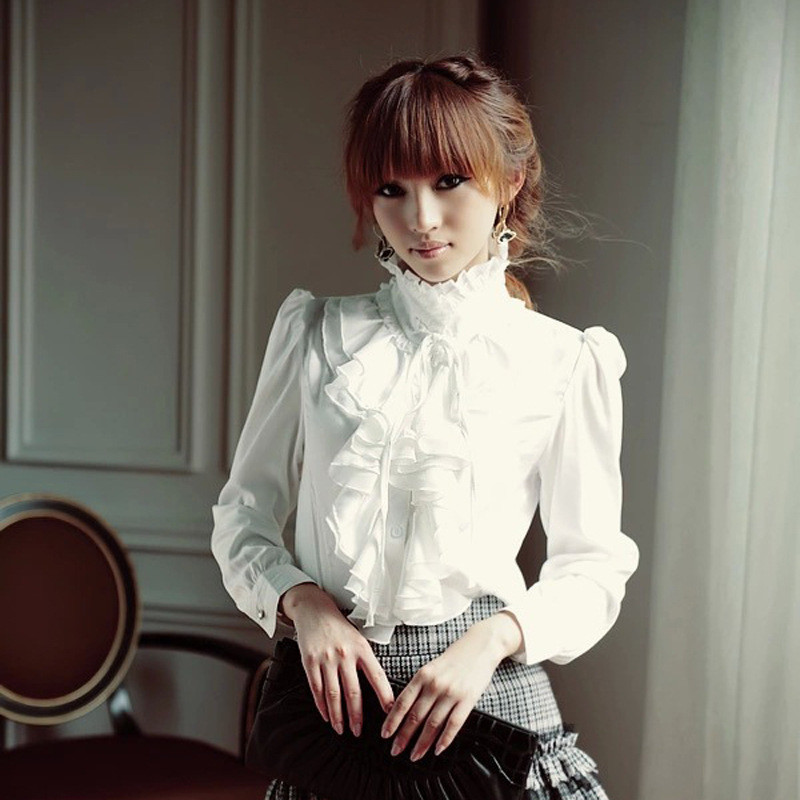 Softu Cămașă de sus pentru femei Bluză cu volane guler dantelă șifon stil OL alb negru cu mânecă lungă ocazional cămăși largi Bluse pentru femei