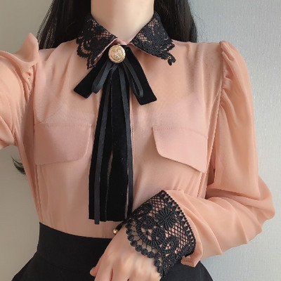 Ženska osnovna radna odjeća za uredske dame Seksi prozirna i slatka majica s leptir-mašnom Crna čipkana jednokopčana jednokopčana bluza s jednobojnim bijelim košuljama