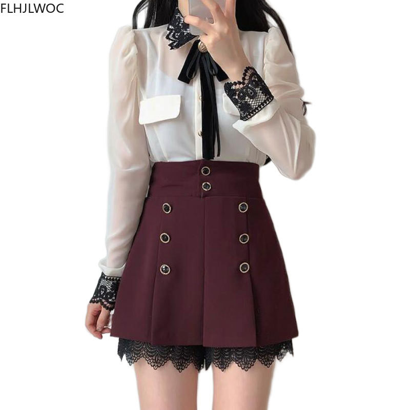 Ženska osnovna radna odjeća za uredske dame Seksi prozirna i slatka majica s leptir-mašnom Crna čipkana jednokopčana jednokopčana bluza s jednobojnim bijelim košuljama