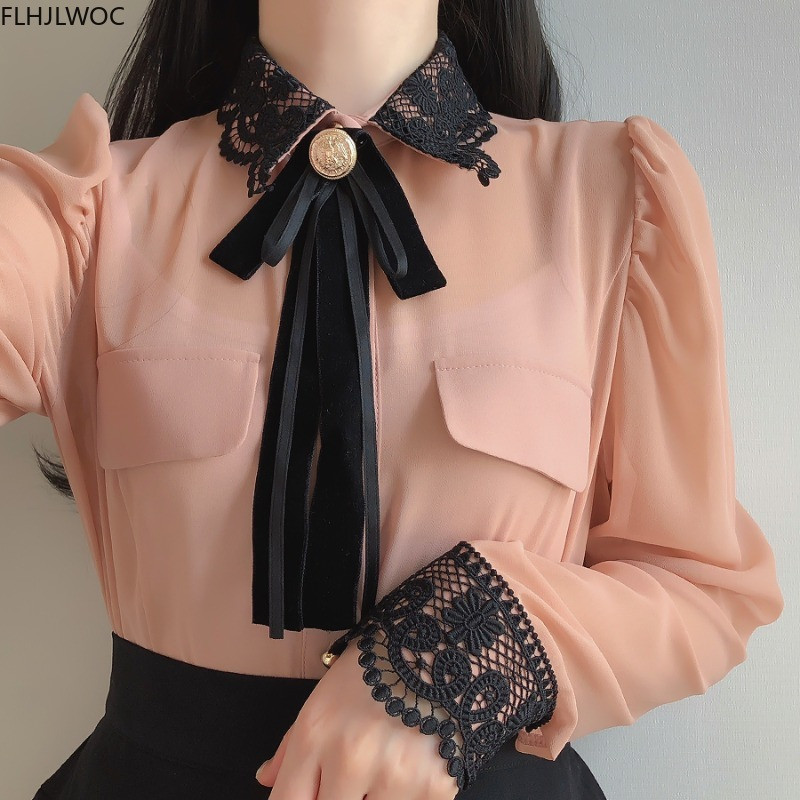 Ženska osnovna radna odjeća za uredske dame Seksi prozirna i slatka majica s leptir-mašnom Crna čipkana jednokopčana jednokopčana bluza s jednobojnim bijelim košuljama