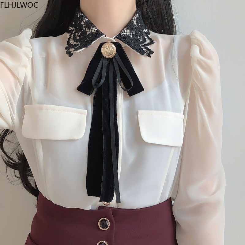 Ženska osnovna radna odjeća za uredske dame Seksi prozirna i slatka majica s leptir-mašnom Crna čipkana jednokopčana jednokopčana bluza s jednobojnim bijelim košuljama