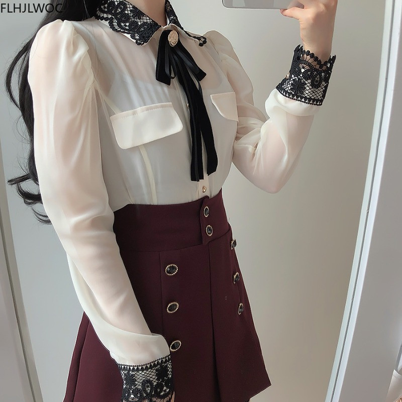 Ženska osnovna radna odjeća za uredske dame Seksi prozirna i slatka majica s leptir-mašnom Crna čipkana jednokopčana jednokopčana bluza s jednobojnim bijelim košuljama