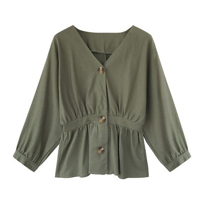 Madinga moteris Seksualios V kaklo palaidinės Palaidinės Moteriškos Elegantiškos ilgomis rankovėmis plonų sagų marškinėliai rudeniniai kimono marškiniai su raukšlėmis 2019 m.