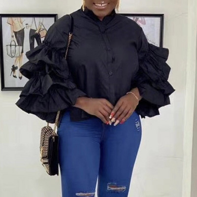 proljeće novo 2021 jednobojna košulja s volanima falbala košulja samostojeći ovratnik velike veličine modne majice za zabave 5 boja zelena bluza afrička