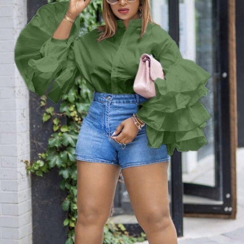 proljeće novo 2021 jednobojna košulja s volanima falbala košulja samostojeći ovratnik velike veličine modne majice za zabave 5 boja zelena bluza afrička