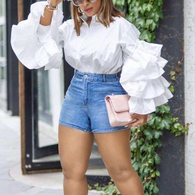 proljeće novo 2021 jednobojna košulja s volanima falbala košulja samostojeći ovratnik velike veličine modne majice za zabave 5 boja zelena bluza afrička